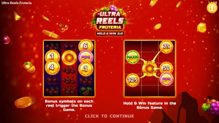 Ultra Reels Fruteria - käynnistysvalikko ja käynnistyspainike